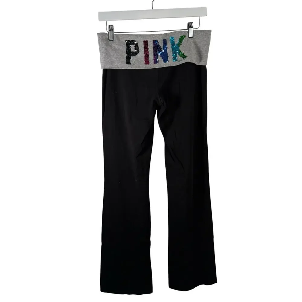 Victoria's Secret PINK Yoga Pants Fold Over Rainbow Bling Bootcut Black Y2K Med